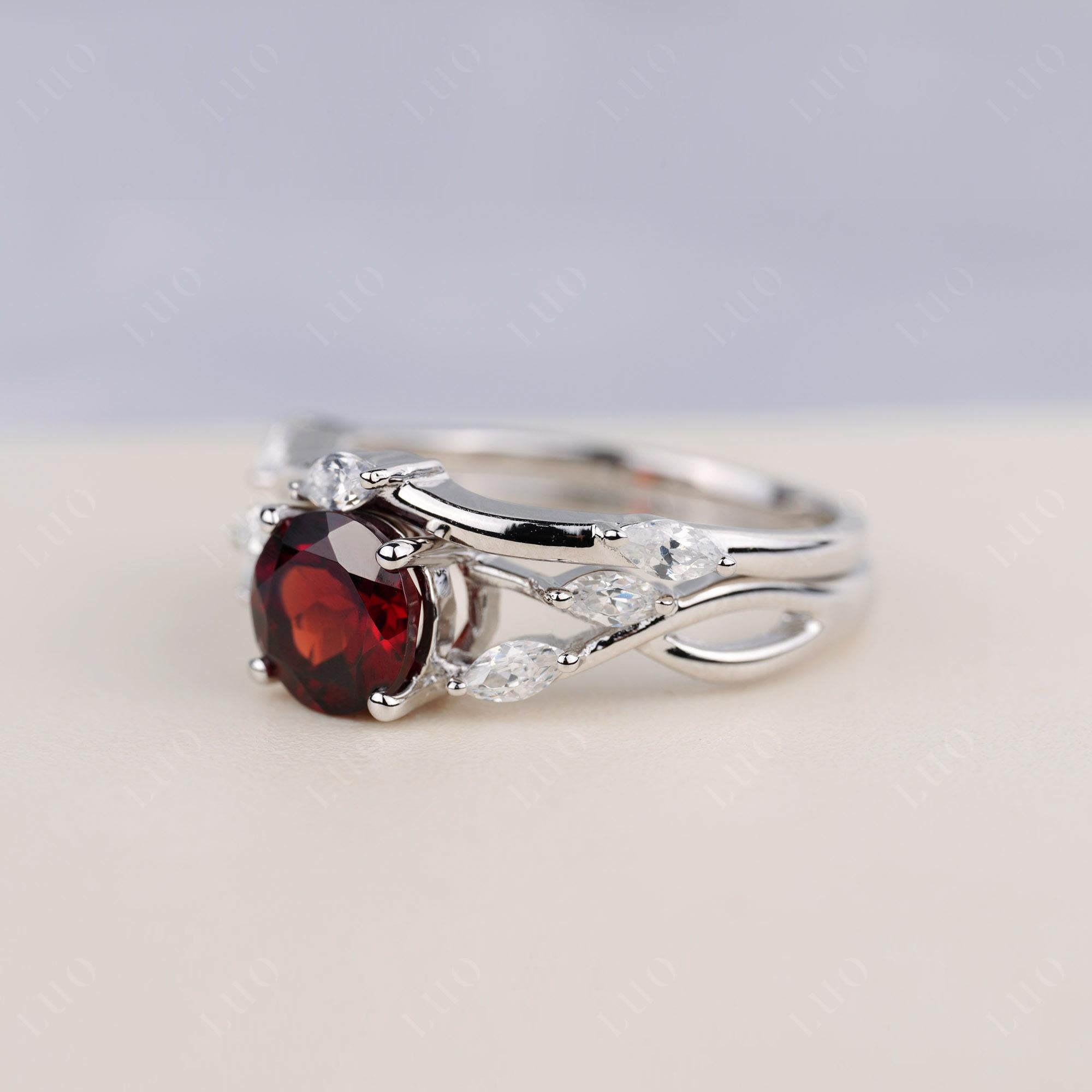 Art Deco Garnet Bridal Set Engagement Ring - LUO Jewelry 