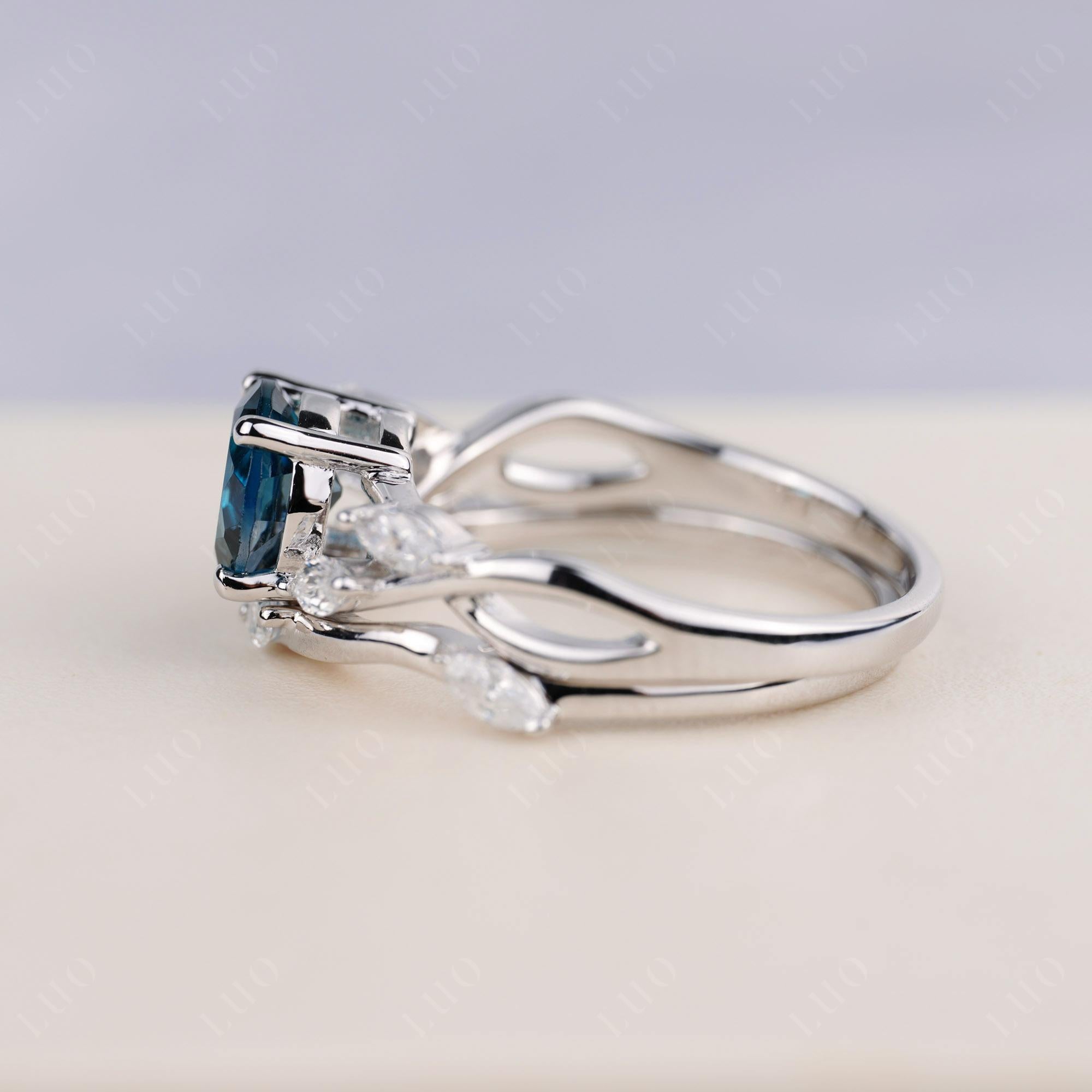 Art Deco London Blue Topaz Bridal Set Engagement Ring - LUO Jewelry 