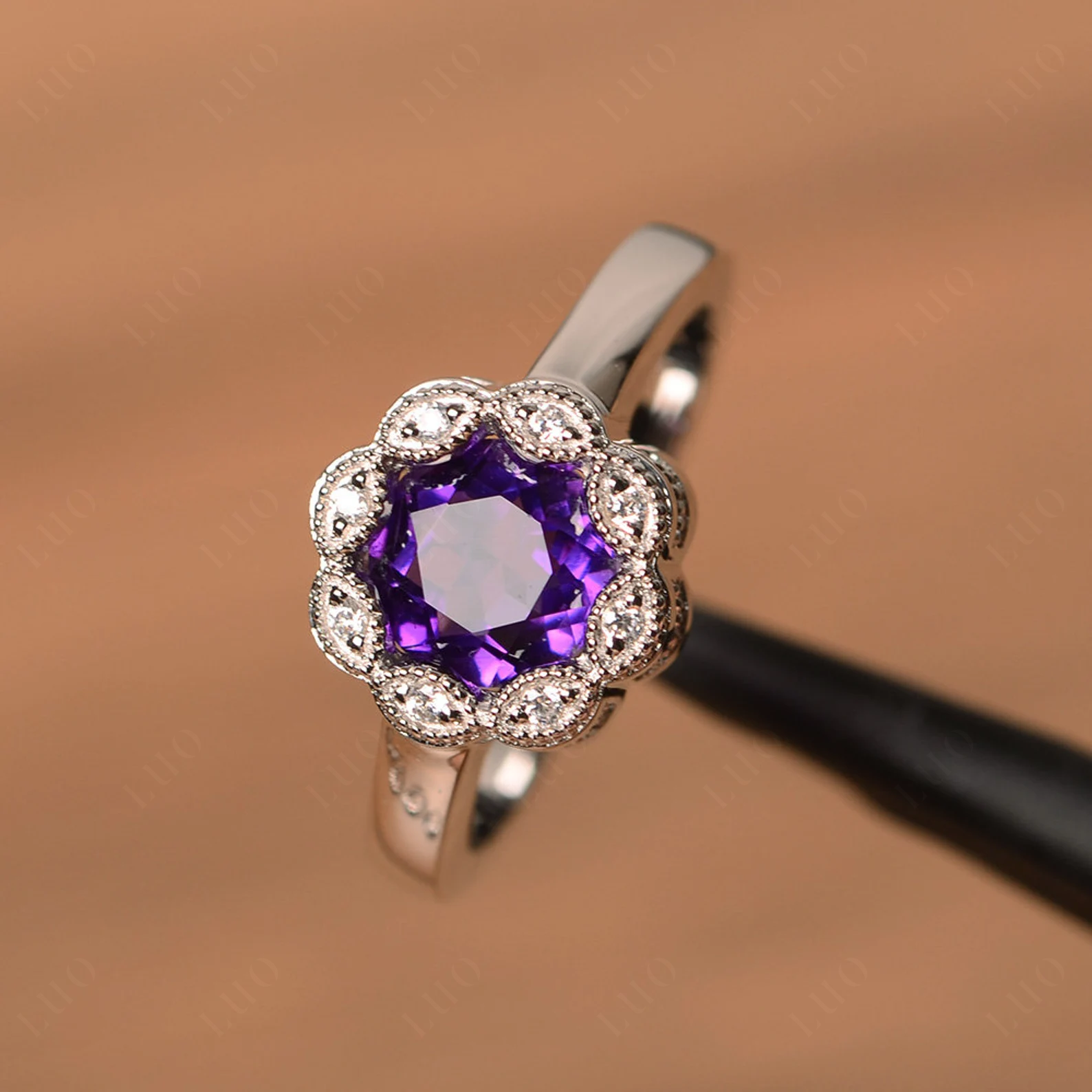 Vintage Amethyst Ring Halo Flower Ring - LUO Jewelry 