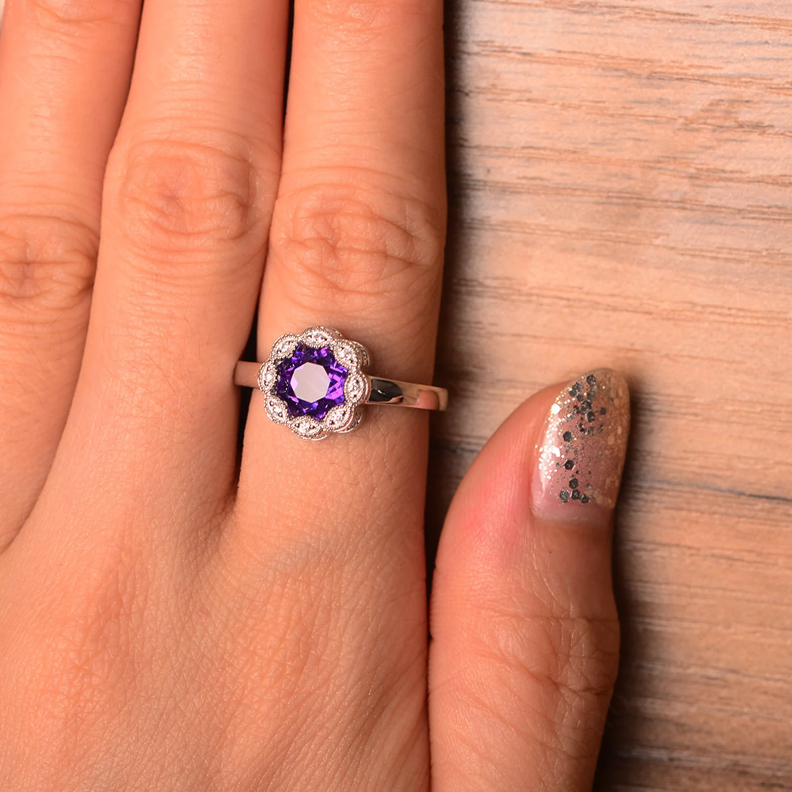 Vintage Amethyst Ring Halo Flower Ring - LUO Jewelry 