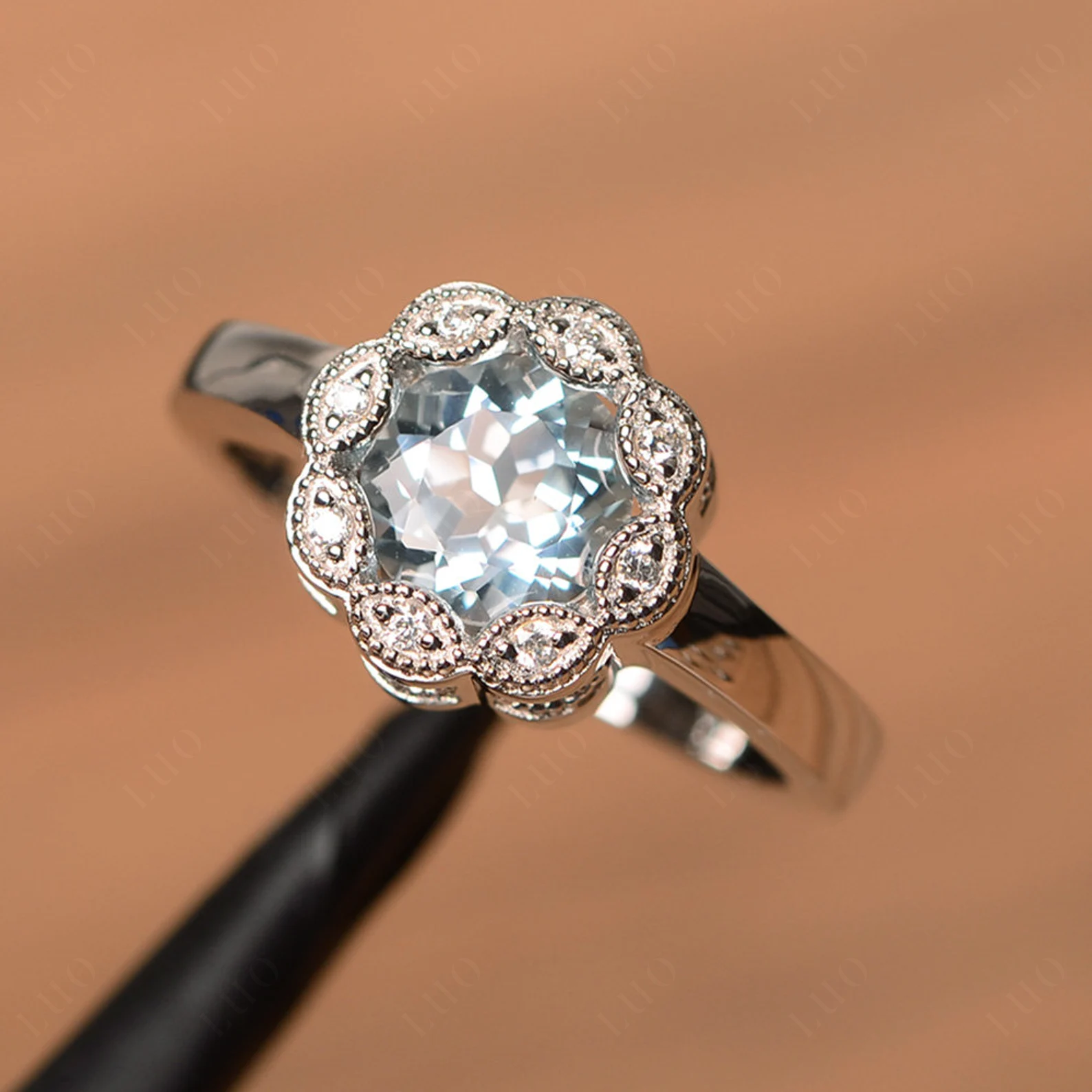 Vintage Aquamarine Ring Halo Flower Ring - LUO Jewelry 