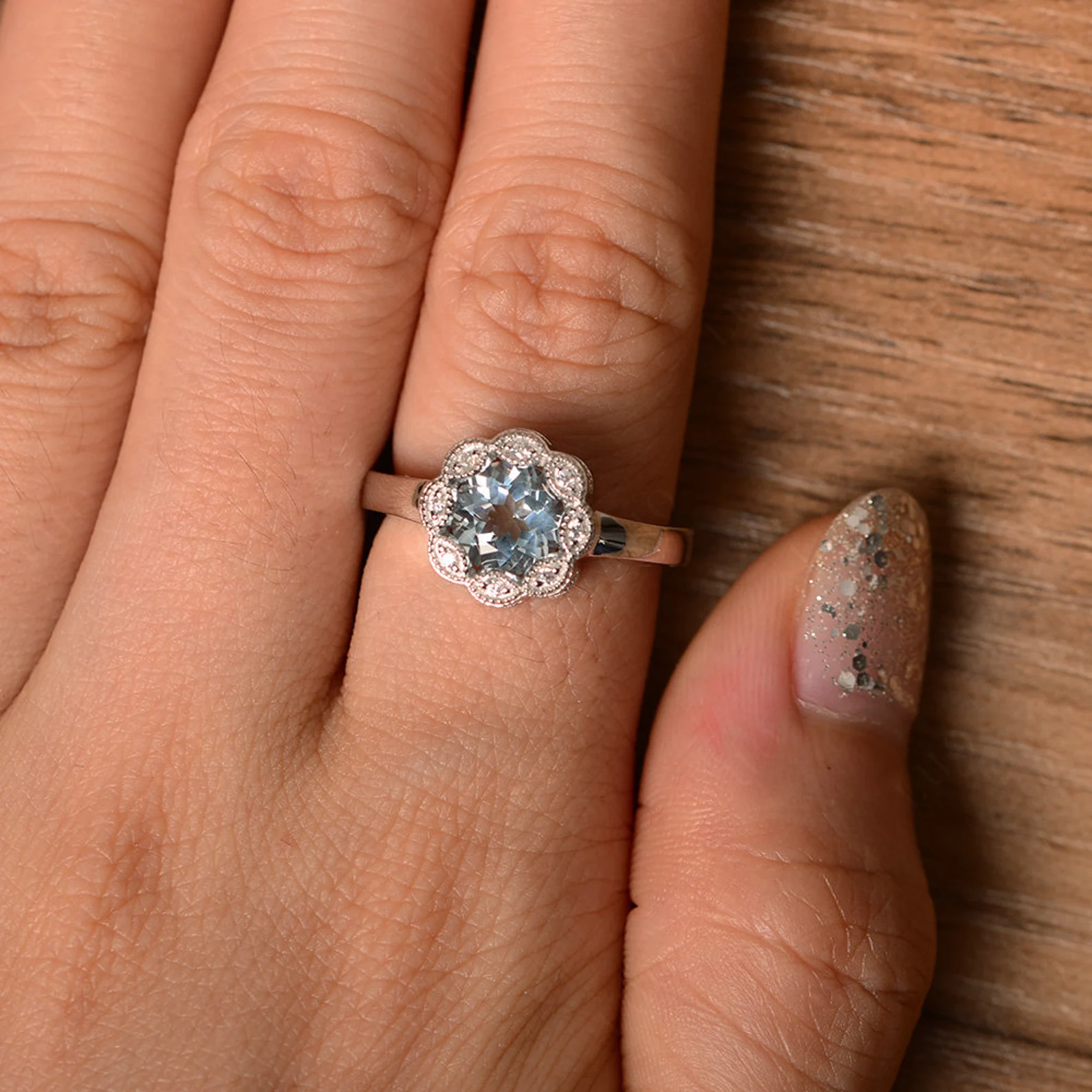 Vintage Aquamarine Ring Halo Flower Ring - LUO Jewelry 