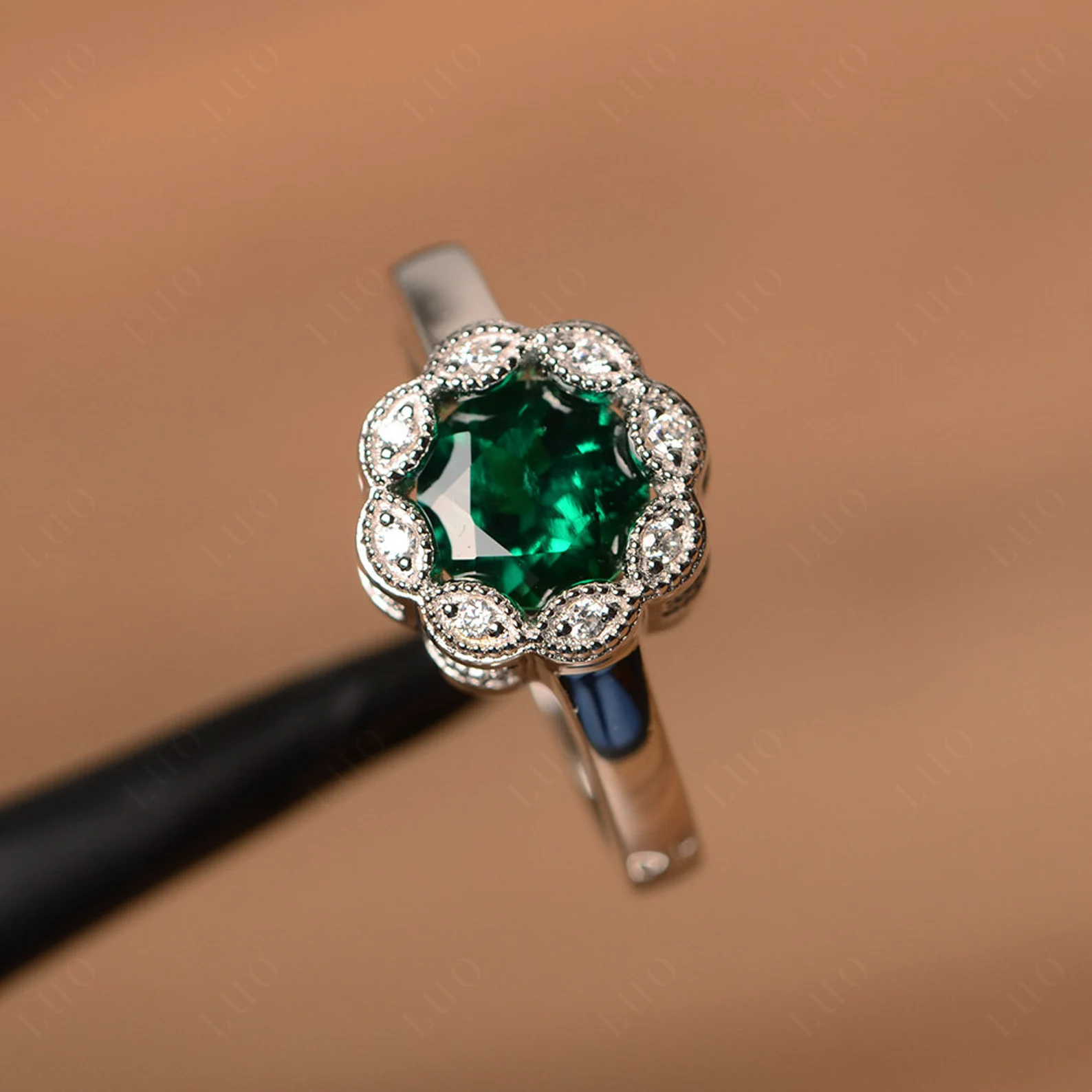 Vintage Emerald Ring Halo Flower Ring - LUO Jewelry 
