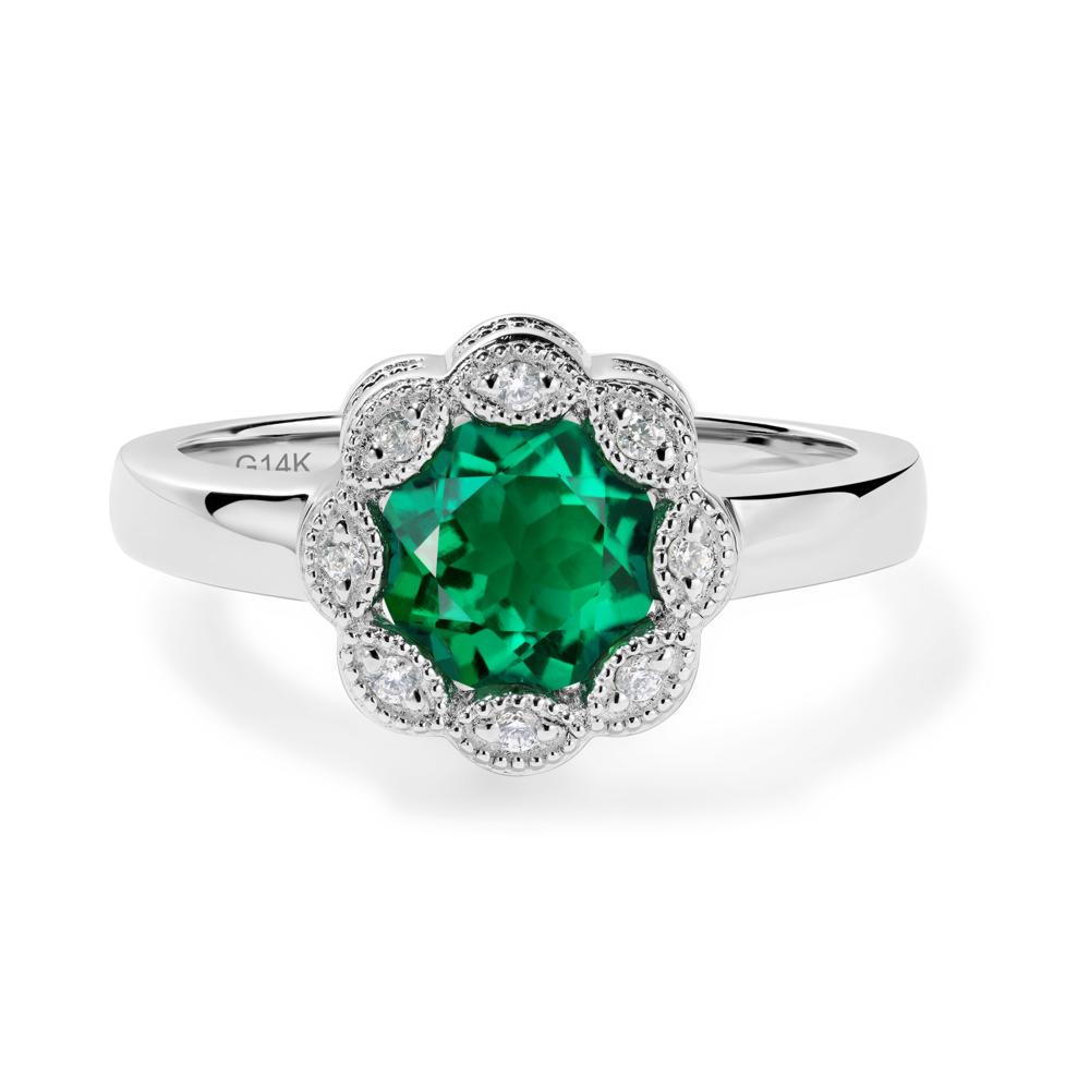 Vintage Emerald Ring Halo Flower Ring - LUO Jewelry #metal_14k white gold