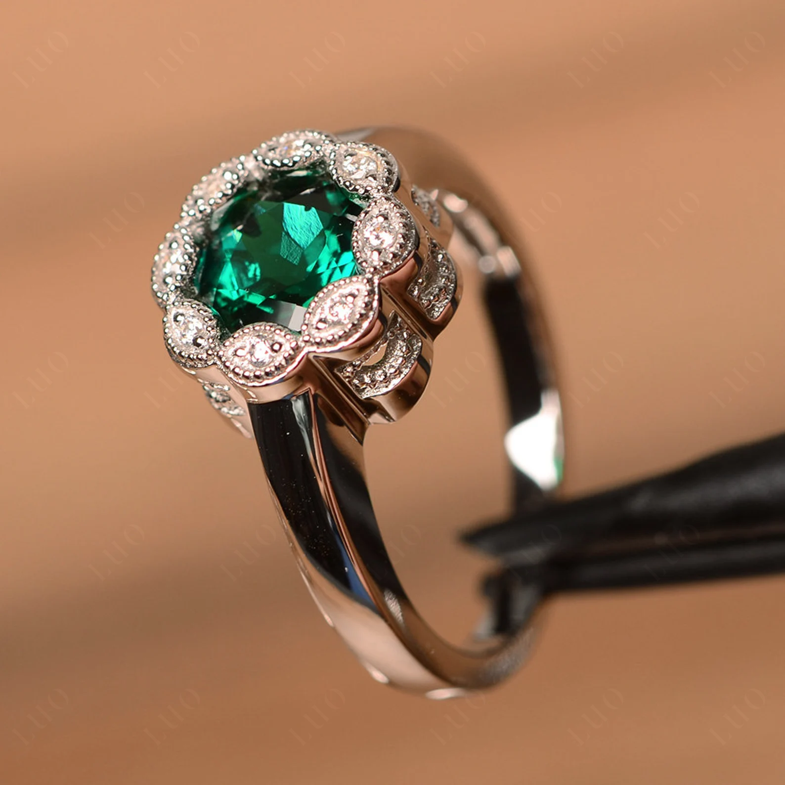 Vintage Emerald Ring Halo Flower Ring - LUO Jewelry 