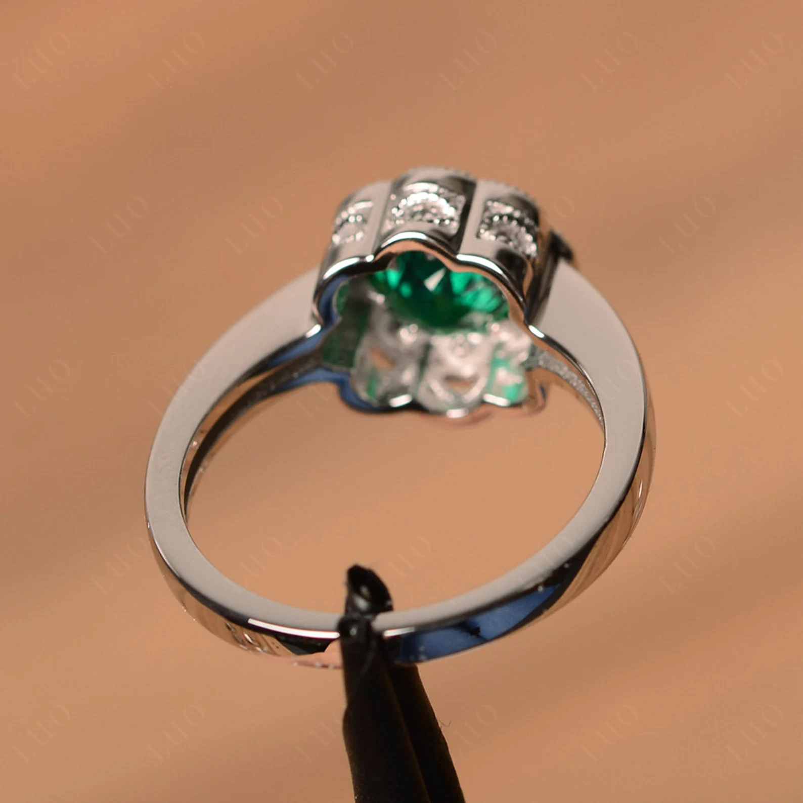 Vintage Emerald Ring Halo Flower Ring - LUO Jewelry 