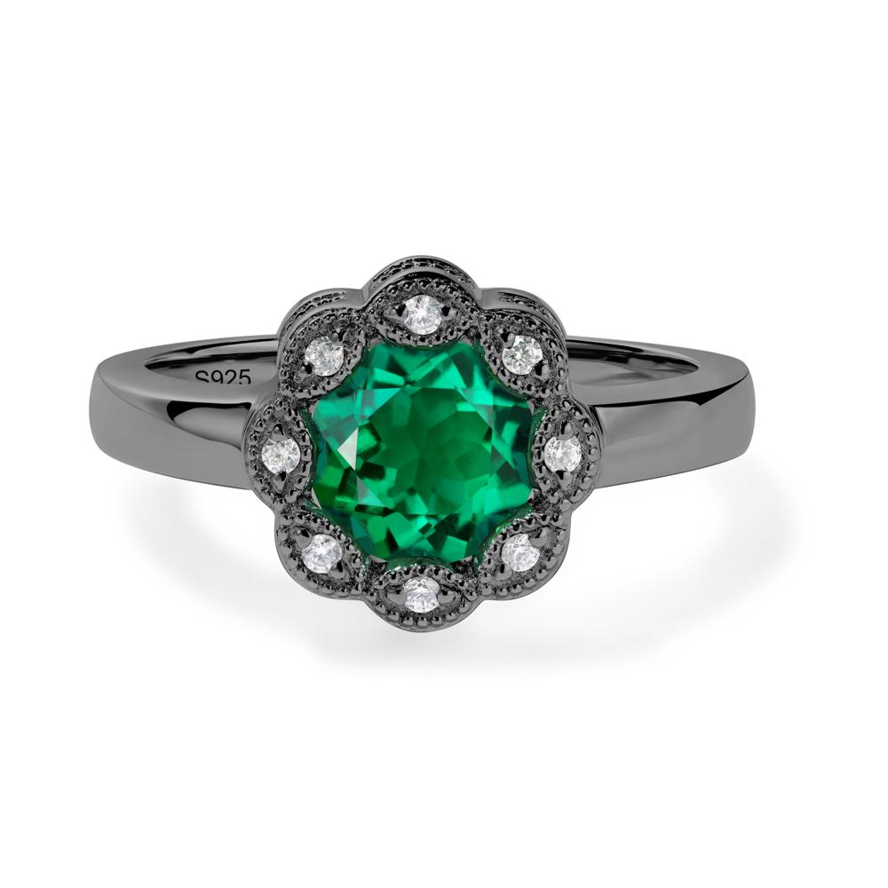 Vintage Emerald Ring Halo Flower Ring - LUO Jewelry #metal_black finish sterling silver