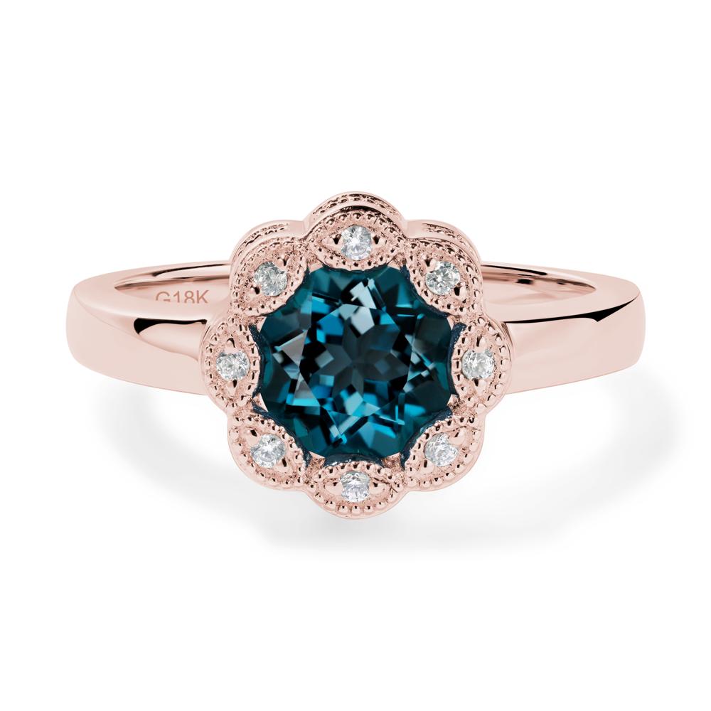 Vintage London Blue Topaz Ring Halo Flower Ring - LUO Jewelry #metal_18k rose gold