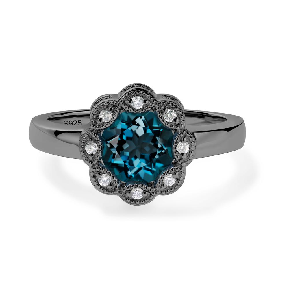 Vintage London Blue Topaz Ring Halo Flower Ring - LUO Jewelry #metal_black finish sterling silver
