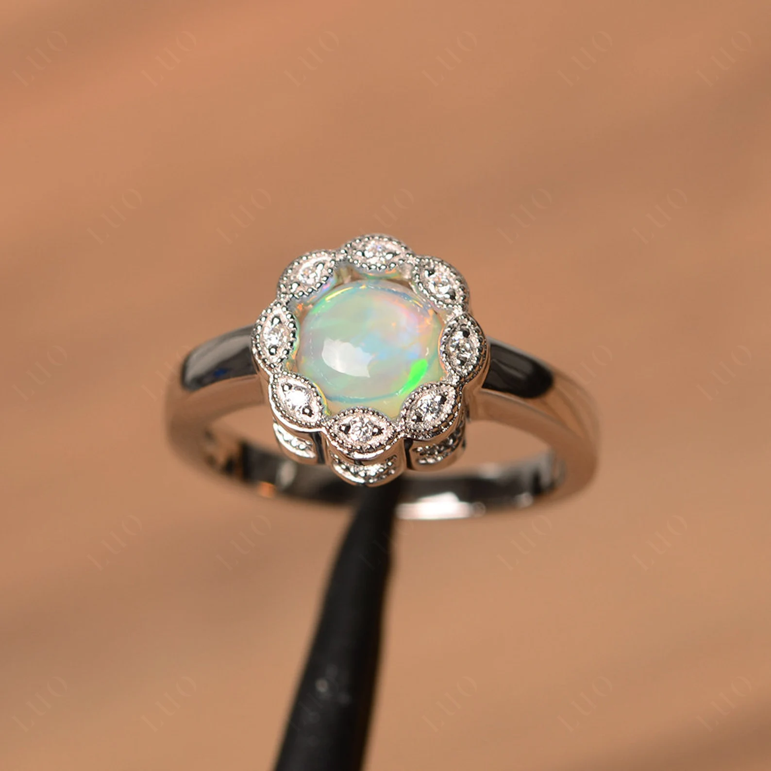 Vintage Opal Ring Halo Flower Ring - LUO Jewelry 