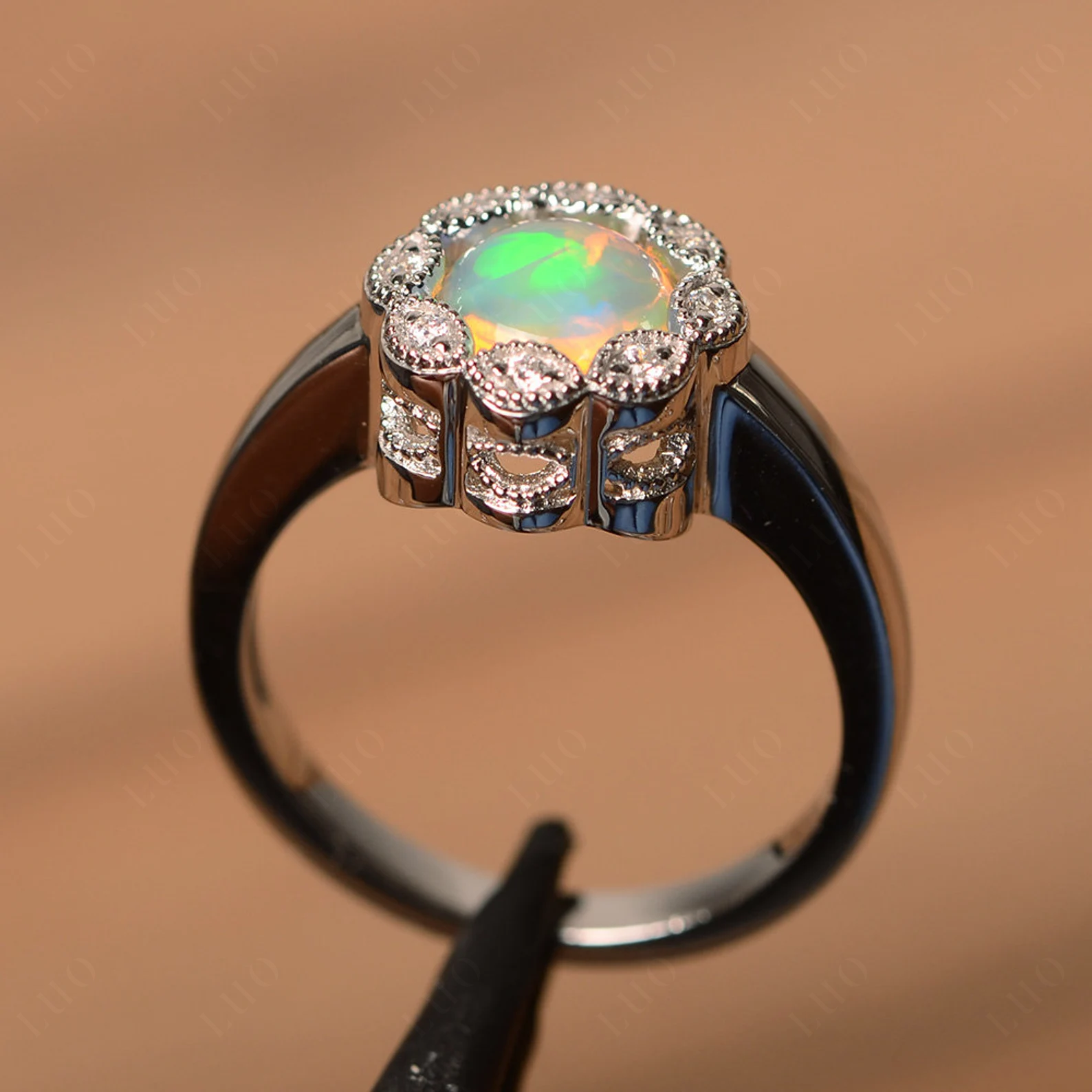Vintage Opal Ring Halo Flower Ring - LUO Jewelry 