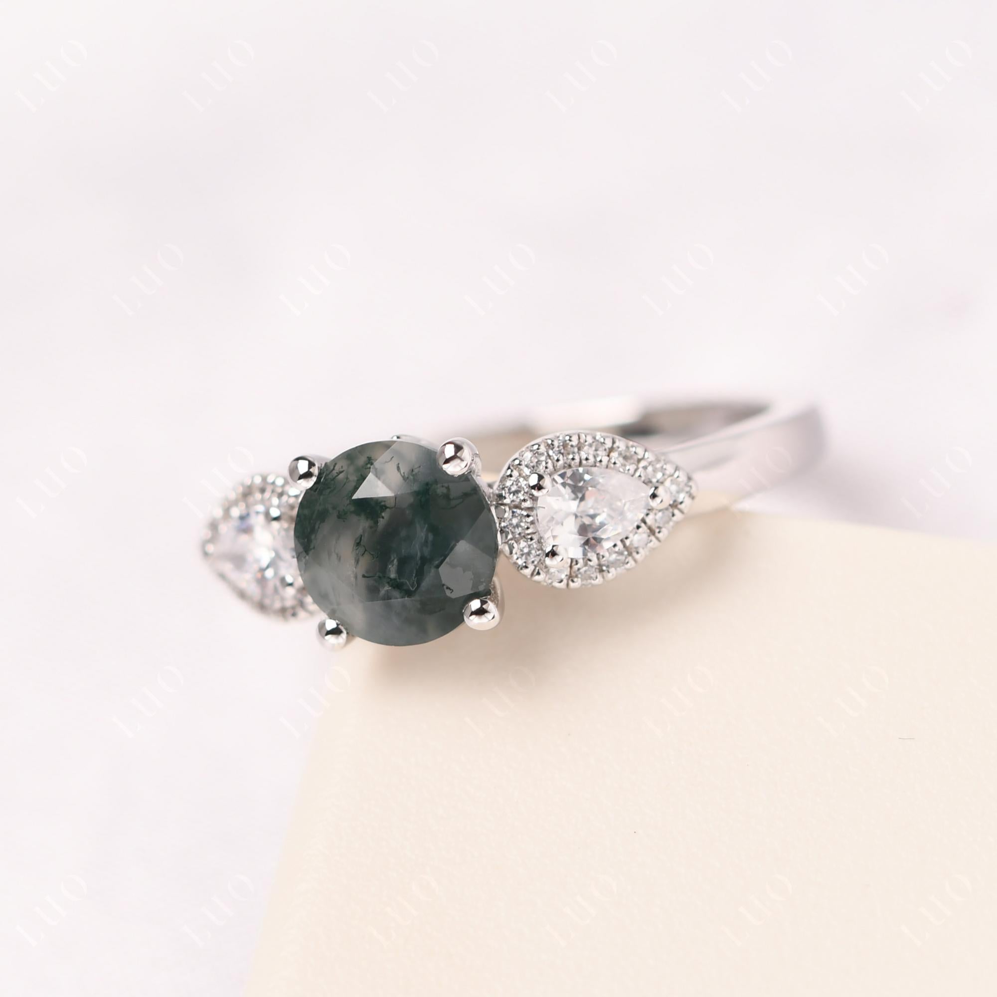 Euro Shank Moss Agate and Sapphire Ring | LUO Jewelry