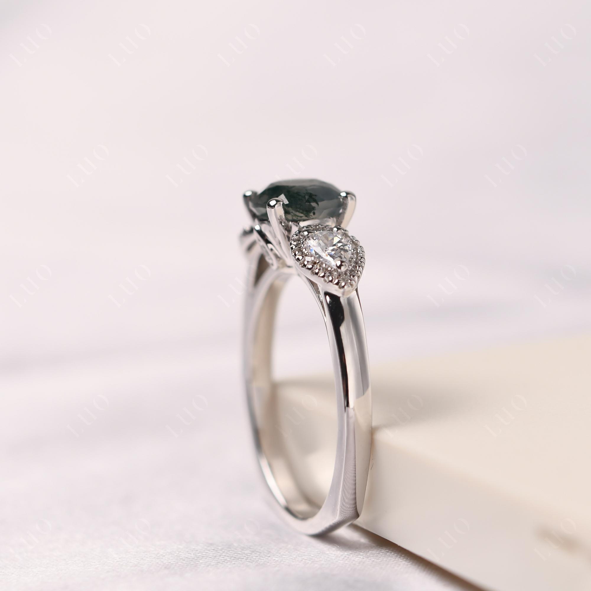 Euro Shank Moss Agate and Sapphire Ring | LUO Jewelry