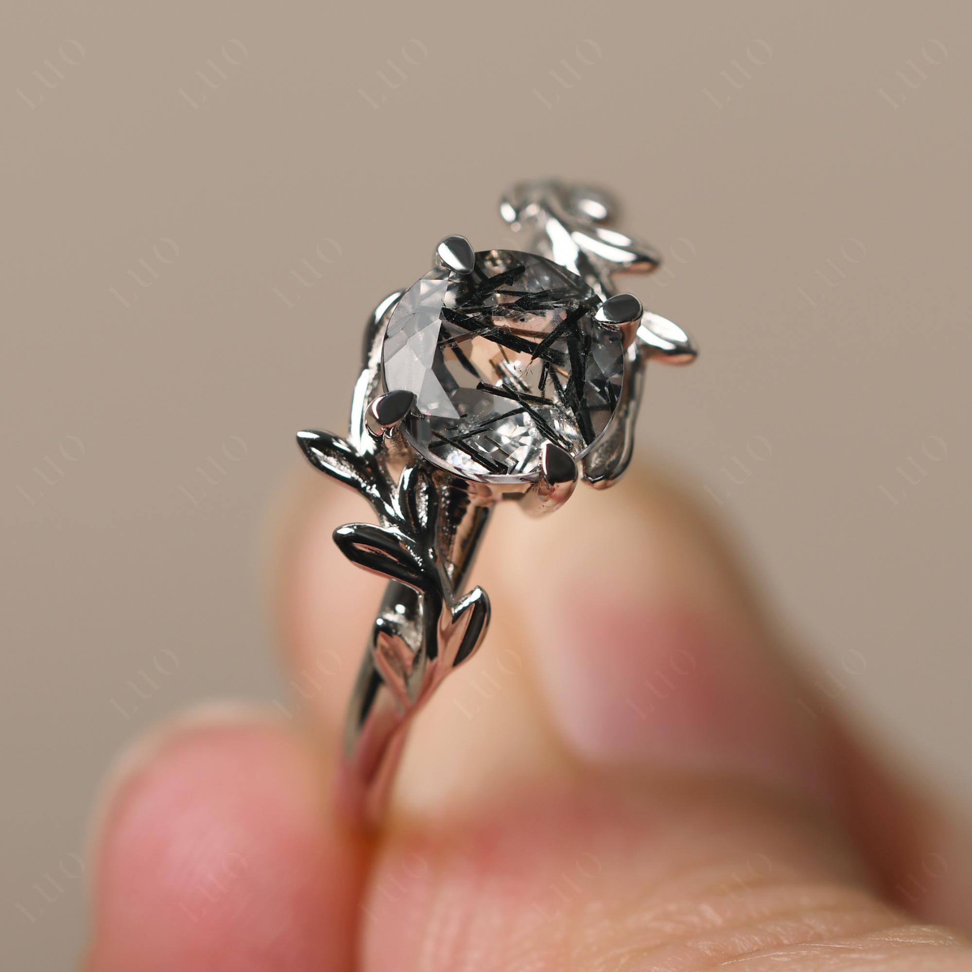Black Rutilated Quartz Vine Engagement Ring - LUO Jewelry 