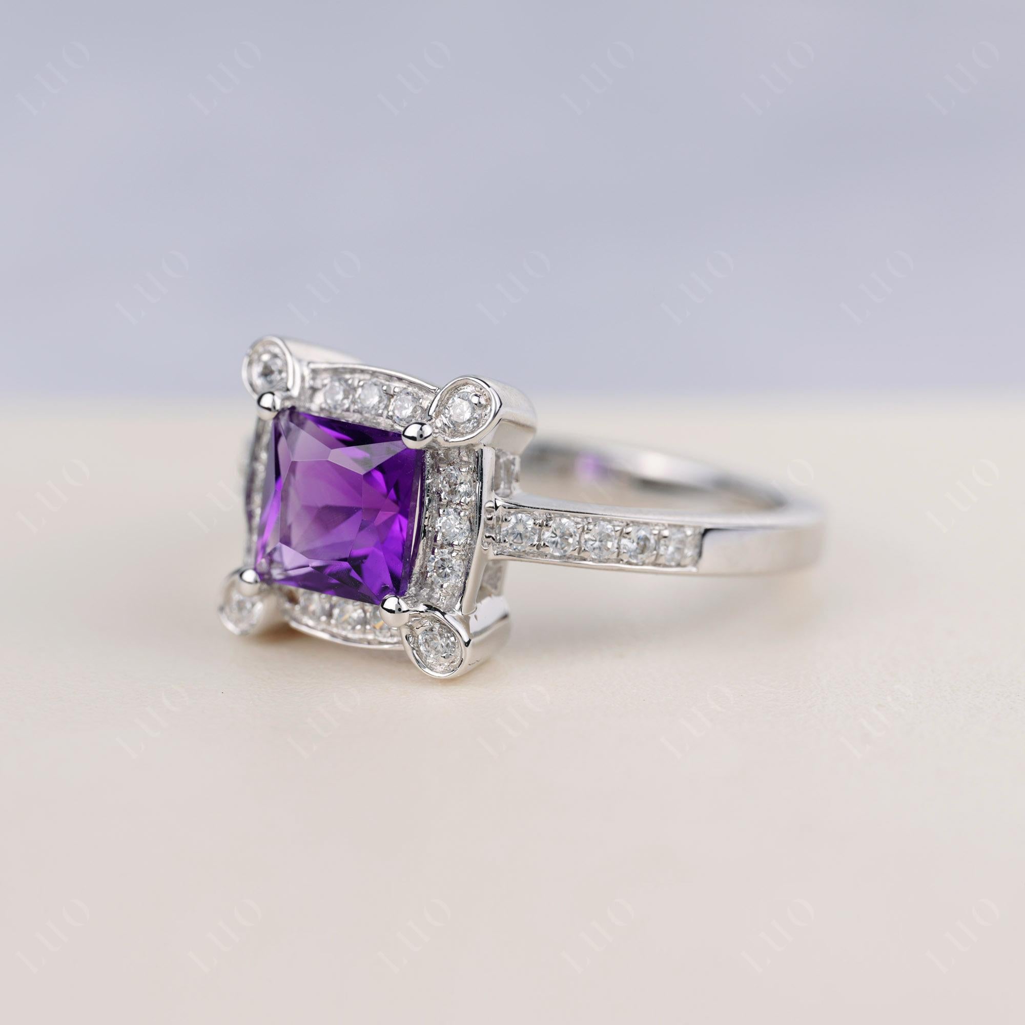 Princess Cut Amethyst Halo Statement Ring - LUO Jewelry 