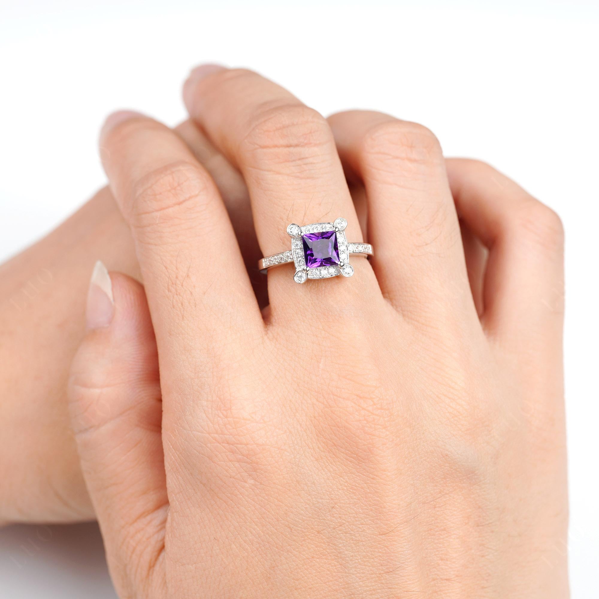 Princess Cut Amethyst Halo Statement Ring - LUO Jewelry 