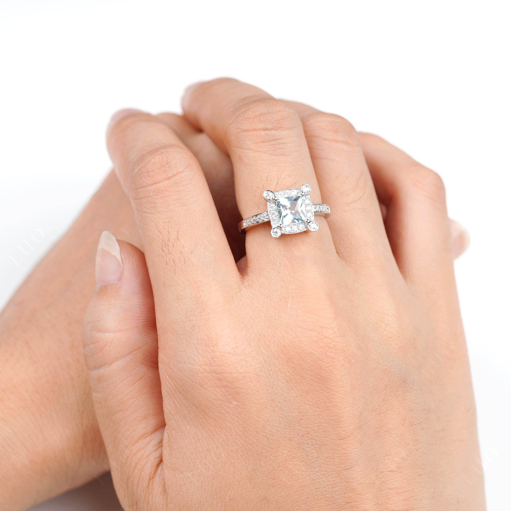 Princess Cut Aquamarine Halo Statement Ring - LUO Jewelry 