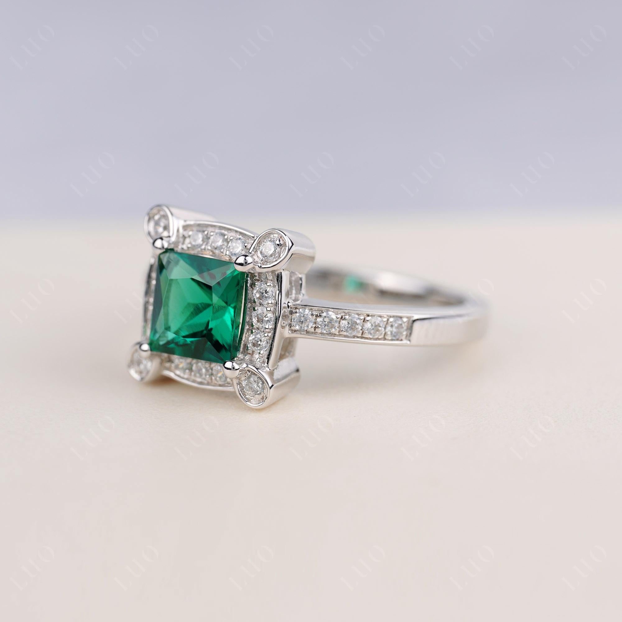 Princess Cut Emerald Halo Statement Ring - LUO Jewelry 