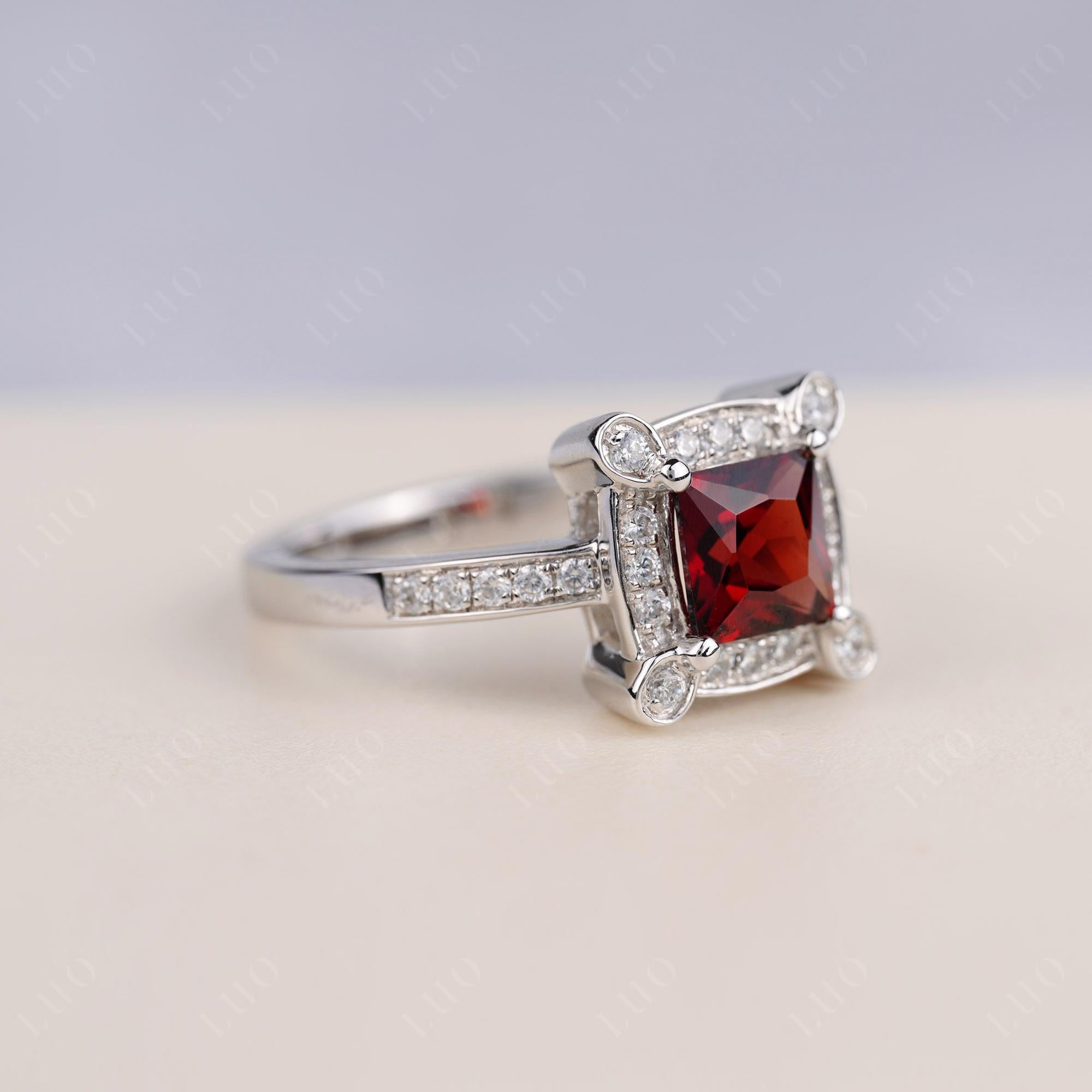 Princess Cut Garnet Halo Statement Ring - LUO Jewelry 