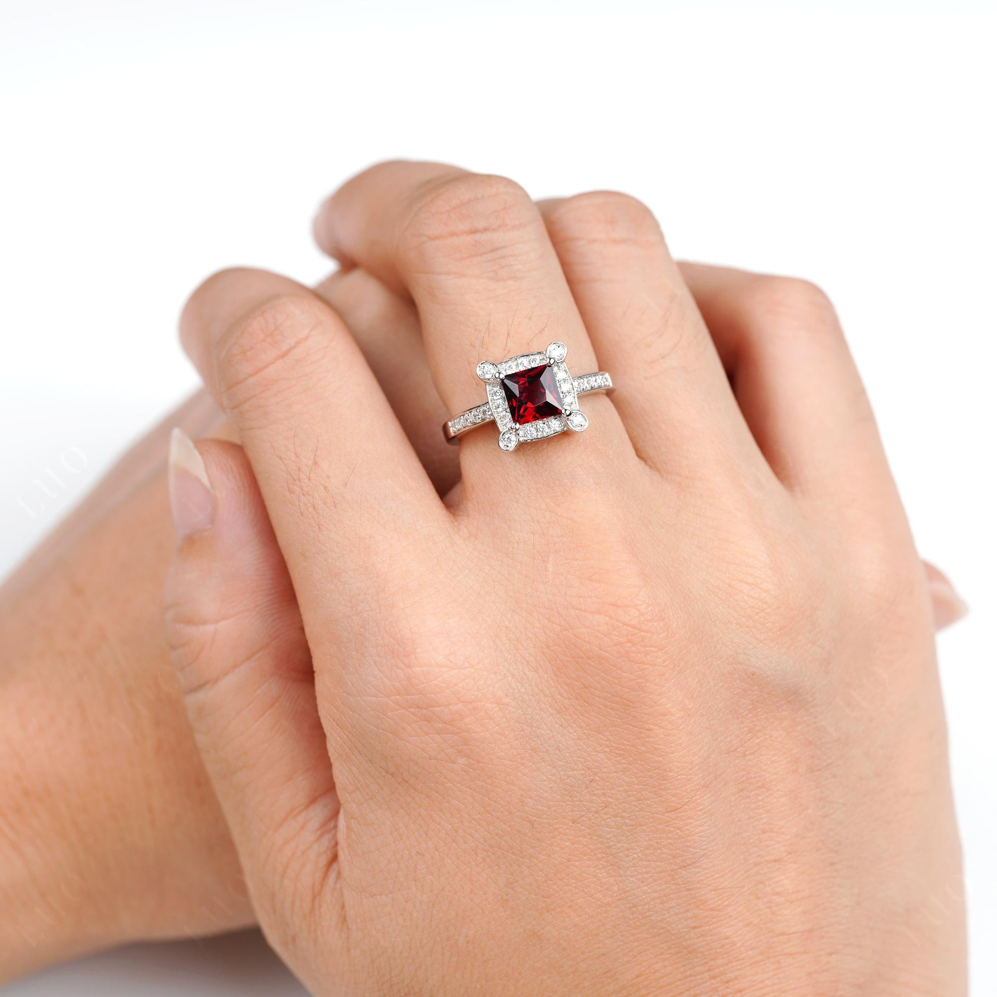 Princess Cut Garnet Halo Statement Ring - LUO Jewelry 