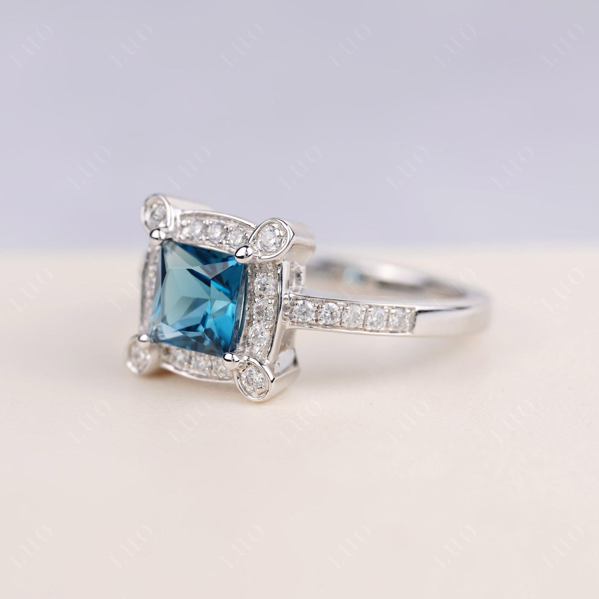 Princess Cut London Blue Topaz Halo Statement Ring - LUO Jewelry 