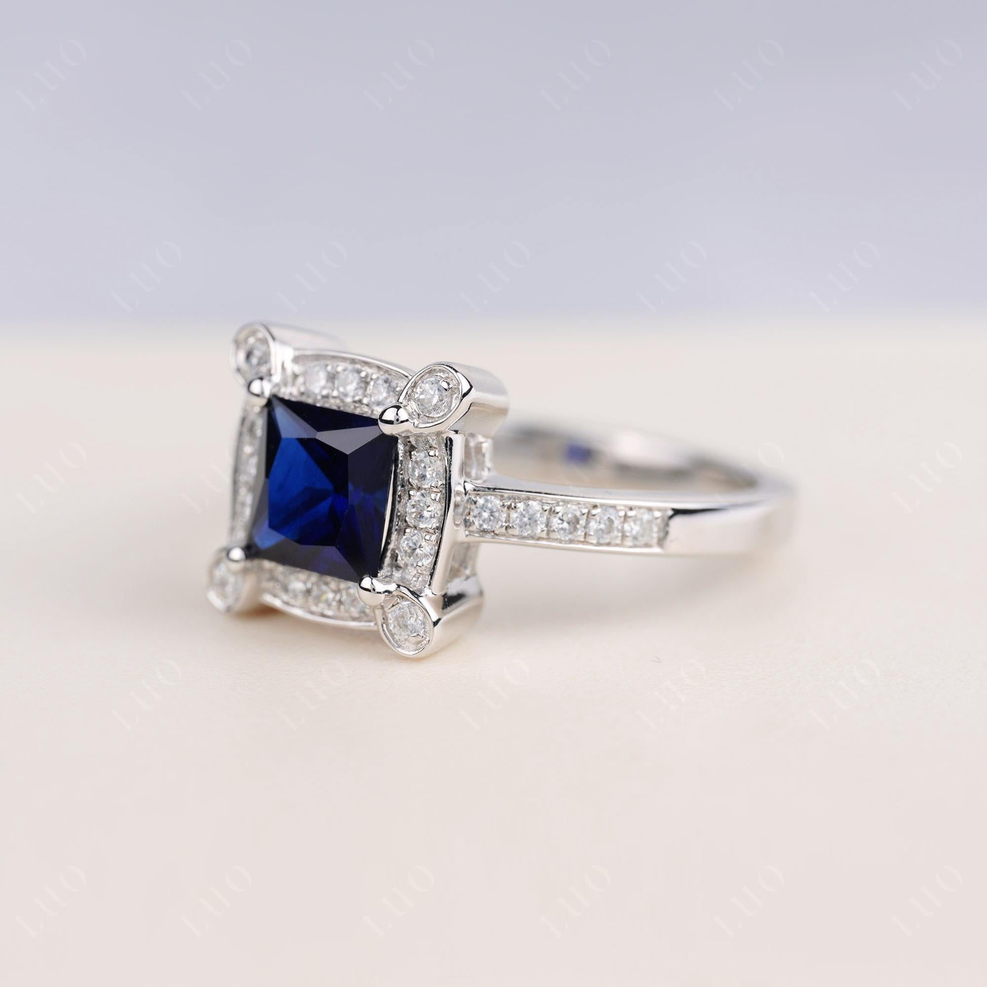 Princess Cut Sapphire Halo Statement Ring - LUO Jewelry 