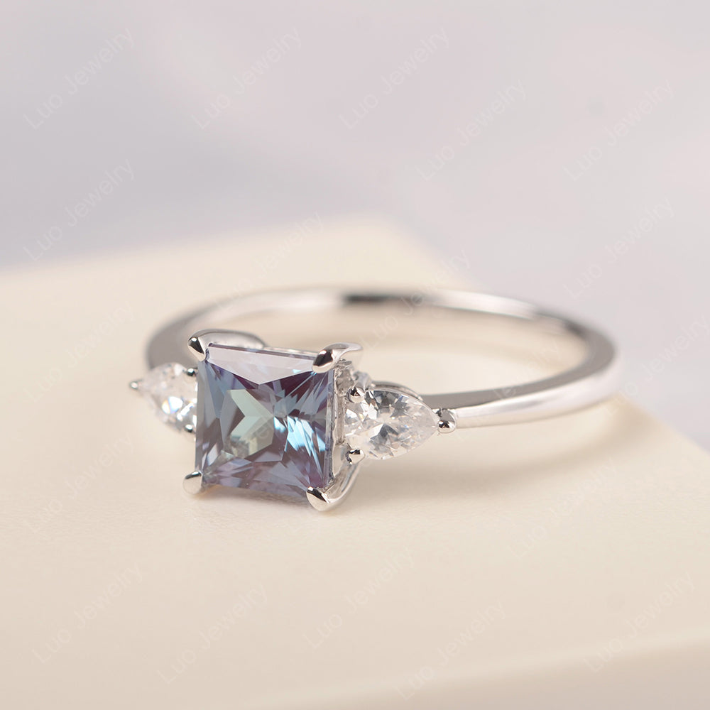 Princess Cut Alexandrite Ring With Pear Side Stone - LUO Jewelry