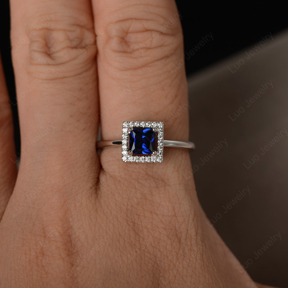 Lab Sapphire Halo Engagement Ring Princess Cut - LUO Jewelry