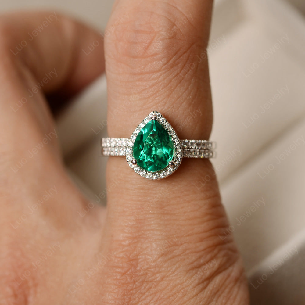 Pear Cut Lab Emerald Bridal Set Engagement Ring - LUO Jewelry