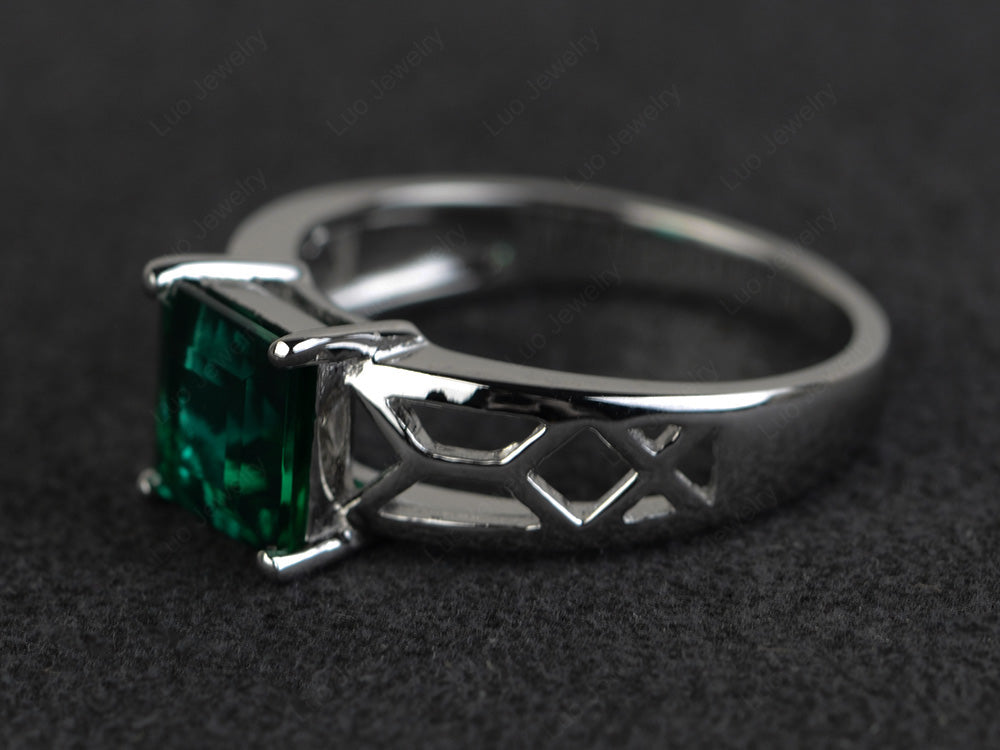 Lab Emerald Solitaire Ring Wide Band Silver - LUO Jewelry