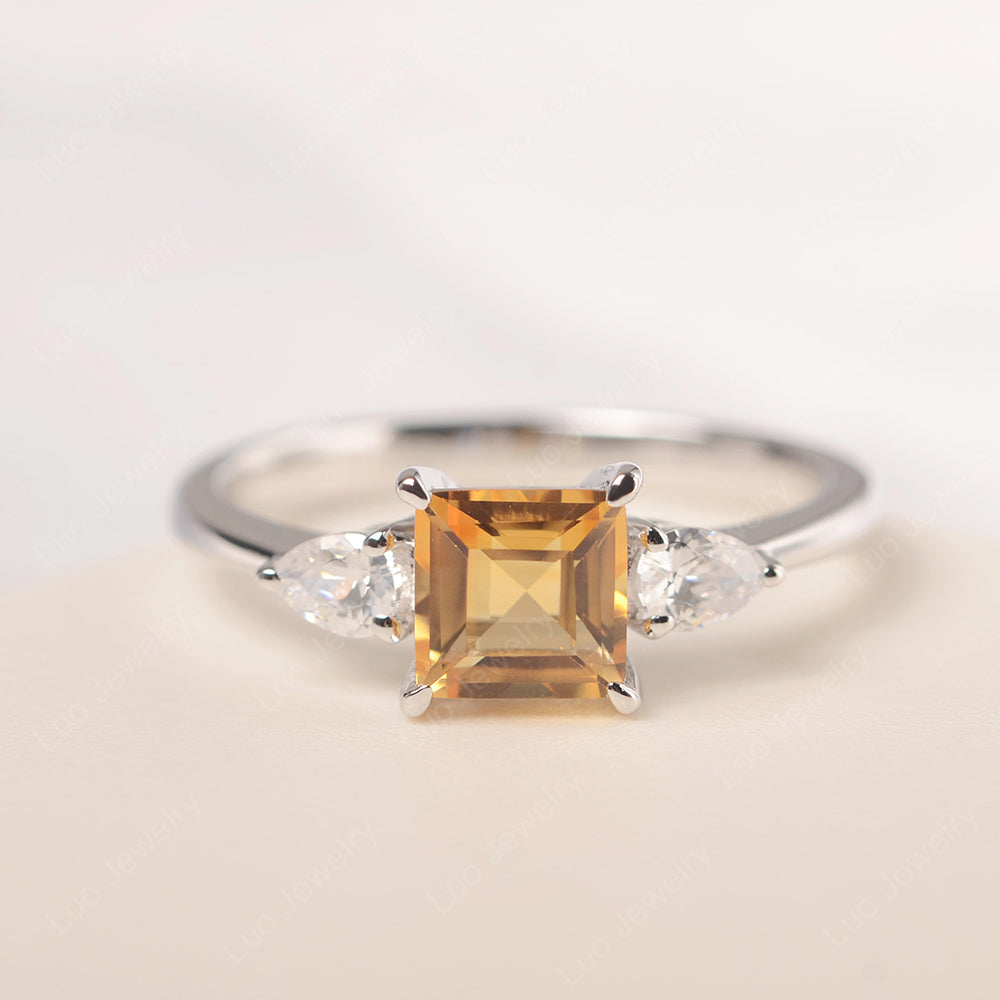 Square Cut Citrine Ring With Pear Side Stone - LUO Jewelry
