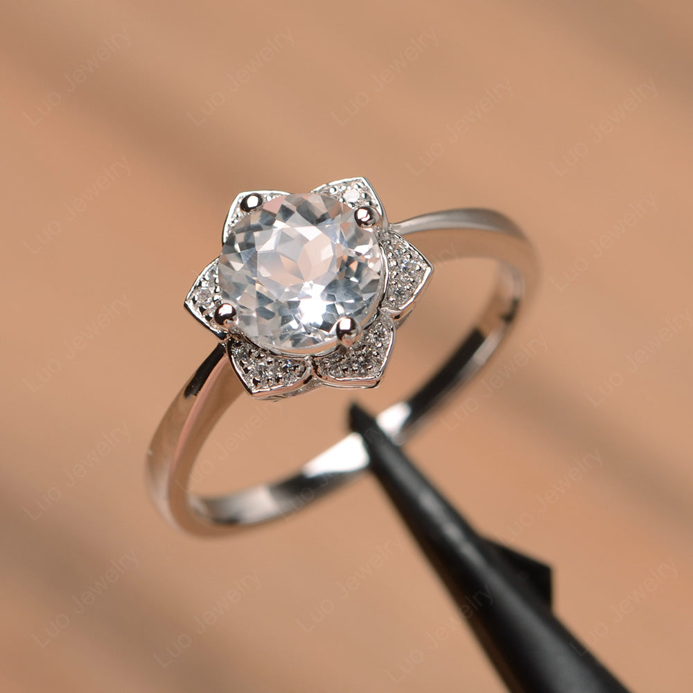 Round Cut White Topaz Halo Flower Engagement Ring - LUO Jewelry