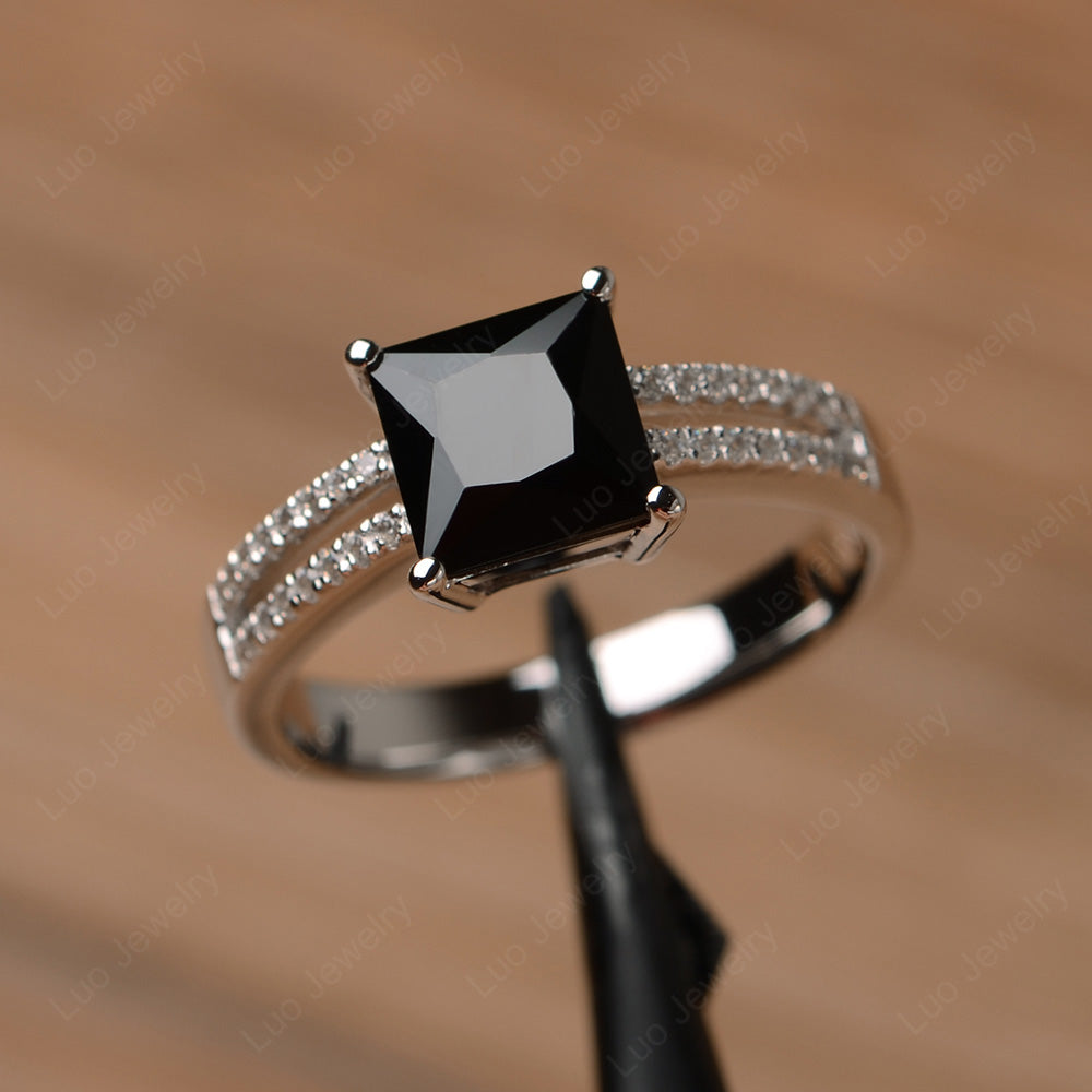 Double Band Princess Cut Black Stone Ring Silver - LUO Jewelry