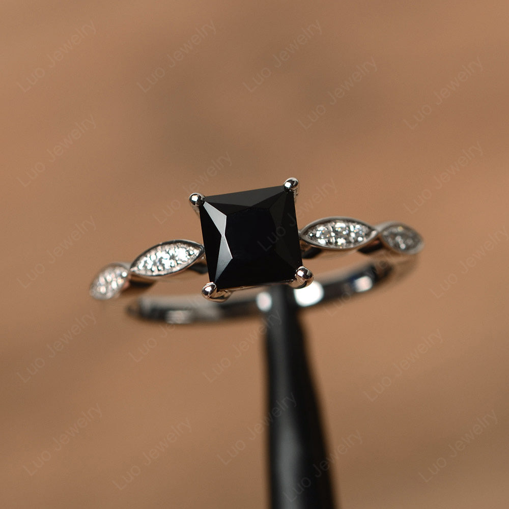 Princess Cut Black Stone Ring White Gold - LUO Jewelry