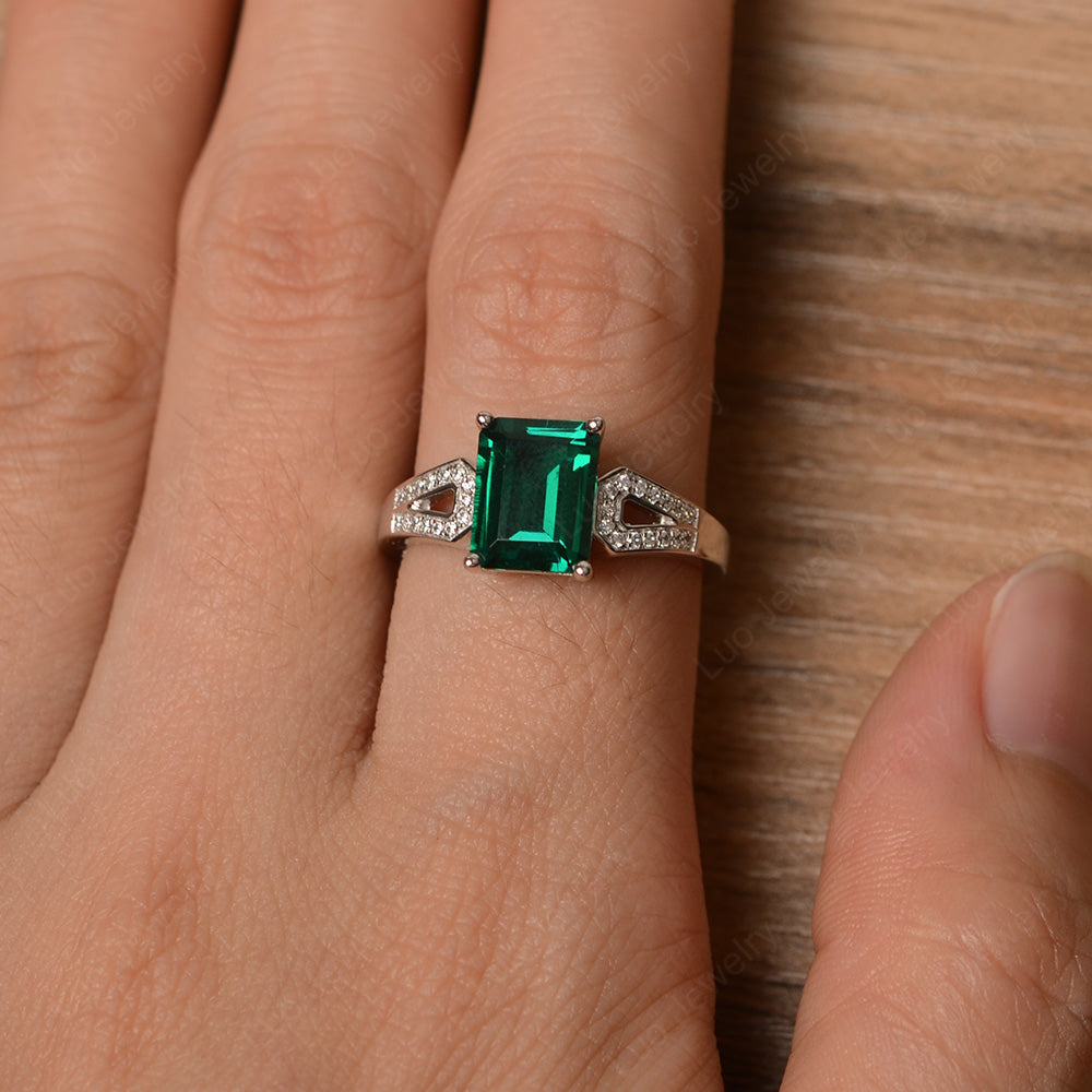 Emerald Cut Lab Emerald Wedding Ring White Gold - LUO Jewelry