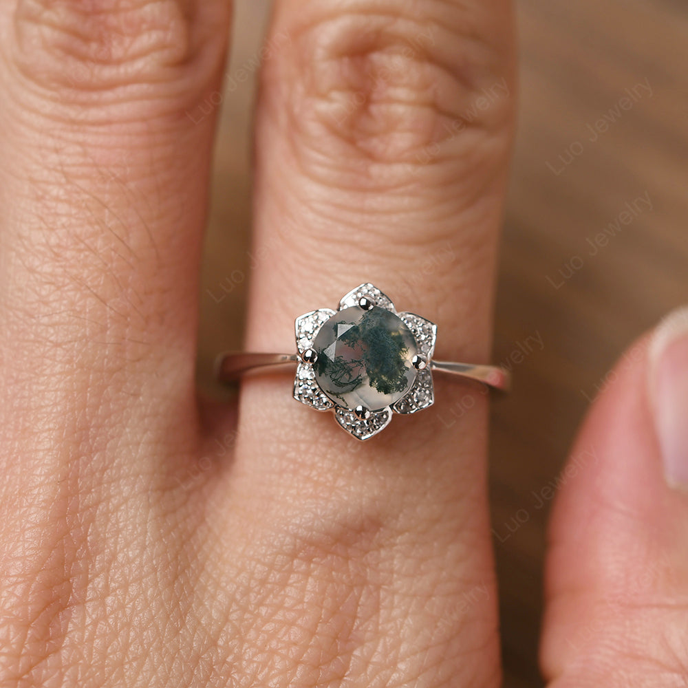 Round Cut Moss Agate Halo Flower Engagement Ring - LUO Jewelry