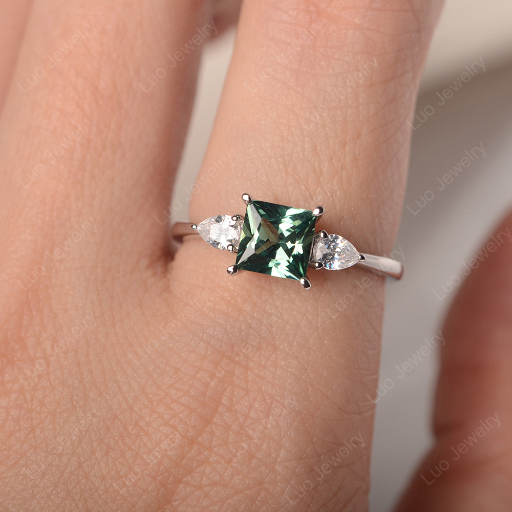 Princess Cut Green Sapphire Ring With Pear Side Stone - LUO Jewelry