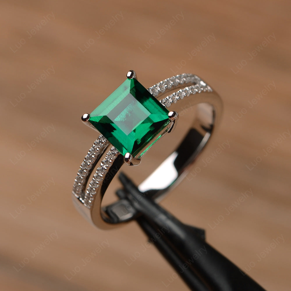 Double Band Square Cut Lab Emerald Ring Silver - LUO Jewelry