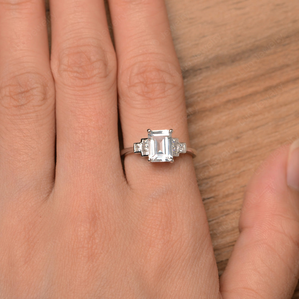 Emerald Cut White Topaz Promise Ring White Gold - LUO Jewelry