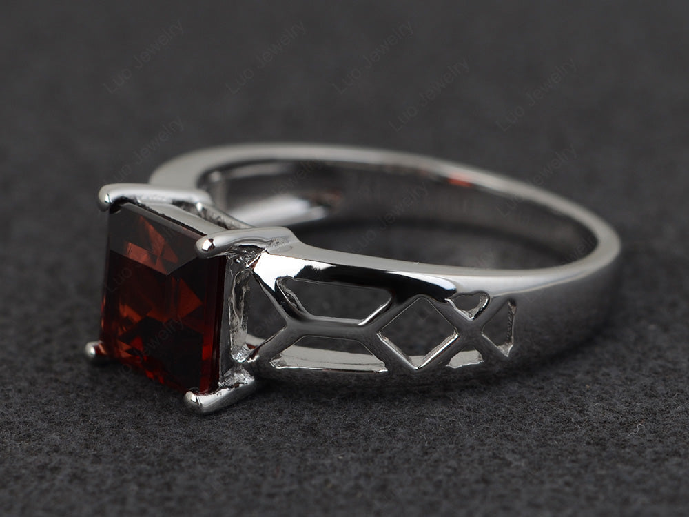 Garnet Solitaire Ring Wide Band Silver - LUO Jewelry