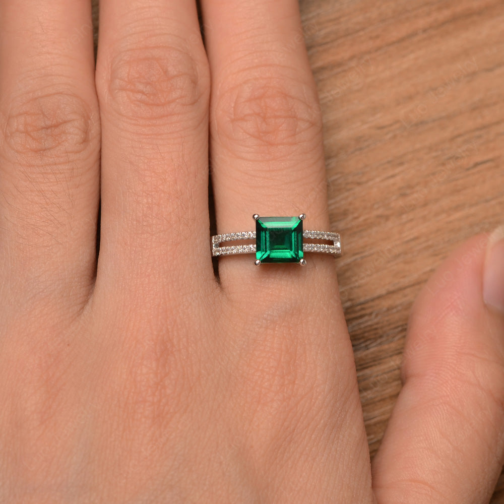 Double Band Square Cut Lab Emerald Ring Silver - LUO Jewelry