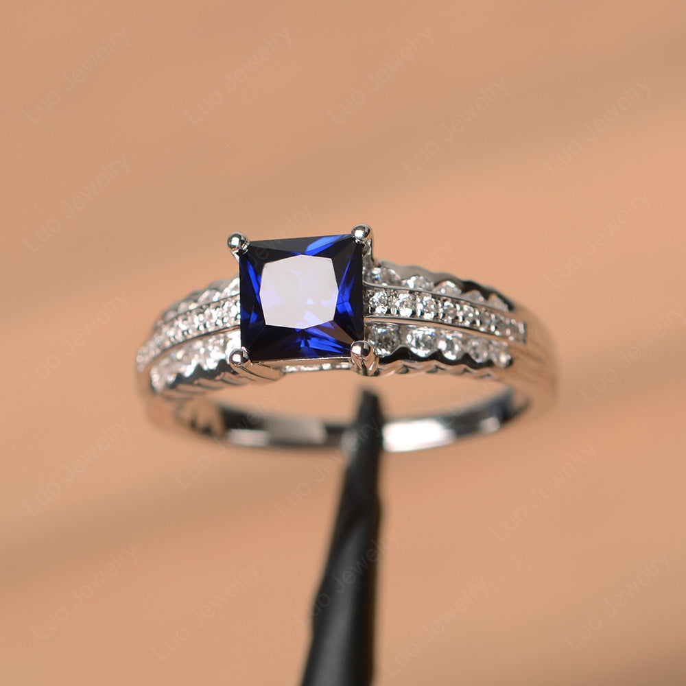Princess Cut Lab Sapphire Art Deco Ring Silver - LUO Jewelry