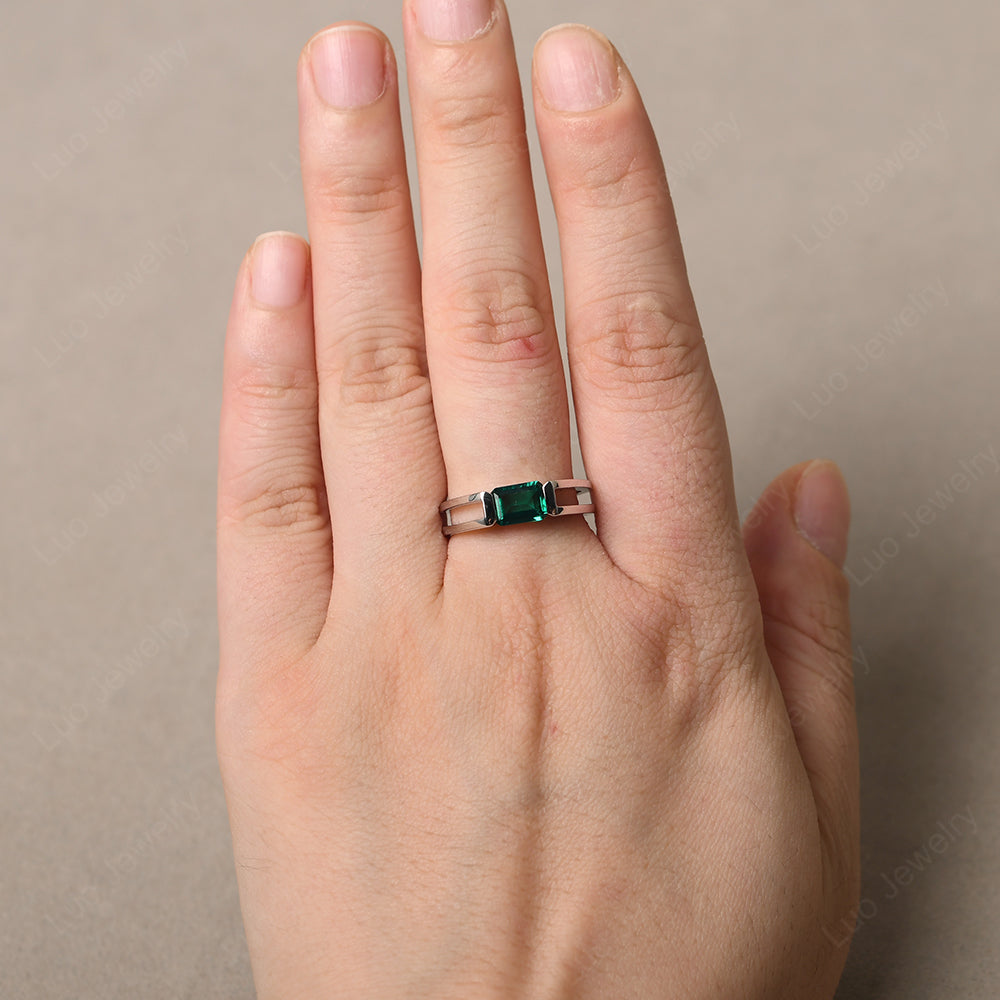 East West Emerald Solitaire Ring - LUO Jewelry