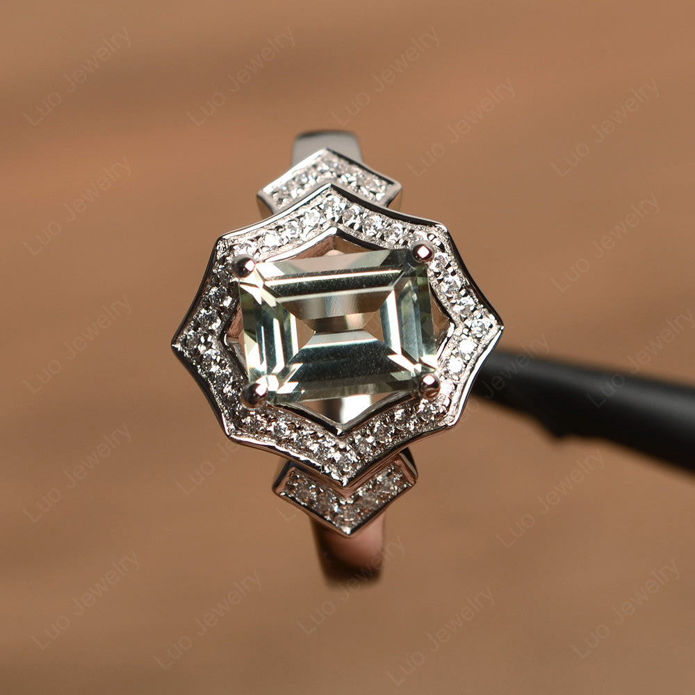 Emerald Cut Green Amethyst Cocktail Ring White Gold - LUO Jewelry