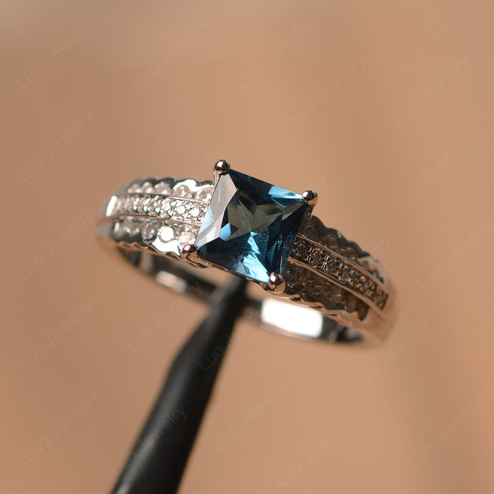 Princess Cut London Blue Topaz Art Deco Ring Silver - LUO Jewelry