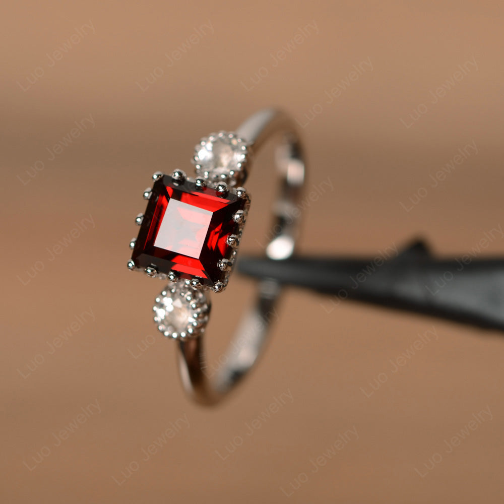 Three Stone Square Garnet Art Deco Ring - LUO Jewelry