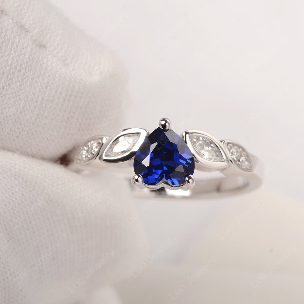 Vintage Heart Lab Sapphire Ring White Gold - LUO Jewelry