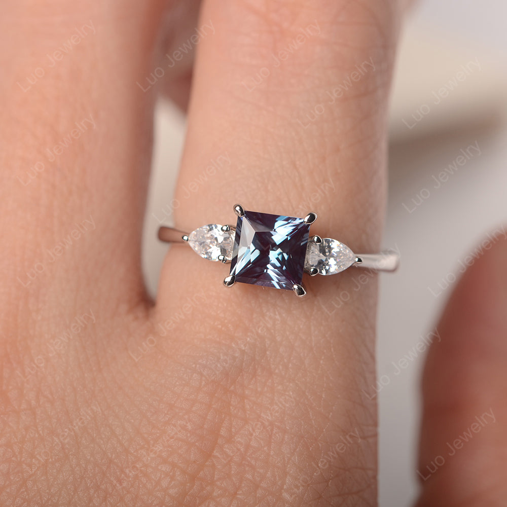 Princess Cut Alexandrite Ring With Pear Side Stone - LUO Jewelry
