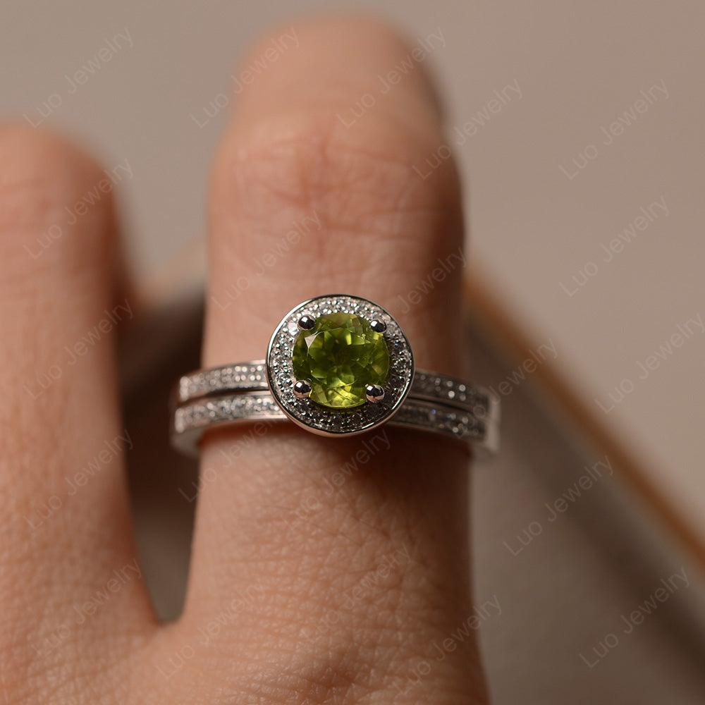 Round Cut Peridot Halo Bridal Set Ring - LUO Jewelry