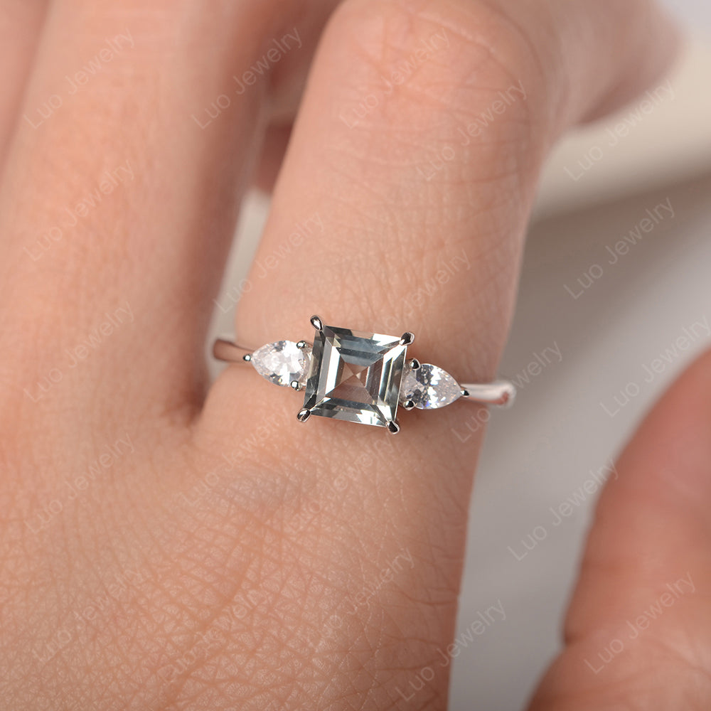 Square Cut Green Amethyst Ring With Pear Side Stone - LUO Jewelry